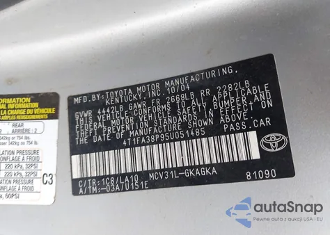 2005 Toyota Camry Solara Se/Sle z USA, uszkodzony, nr VIN 4T1FA38P95U051485